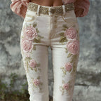 Vintage Cottage Pink Roses Glitter Embroidered Skinny Jeans