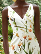Off White Printing Asymmetric Satin V Neck Sleeveless Mermaid Midi Dress