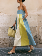 Color-Block Linen-Blend Strapless Midi Dress