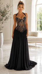 Halter Floral Illusion Corset Chiffon Gown