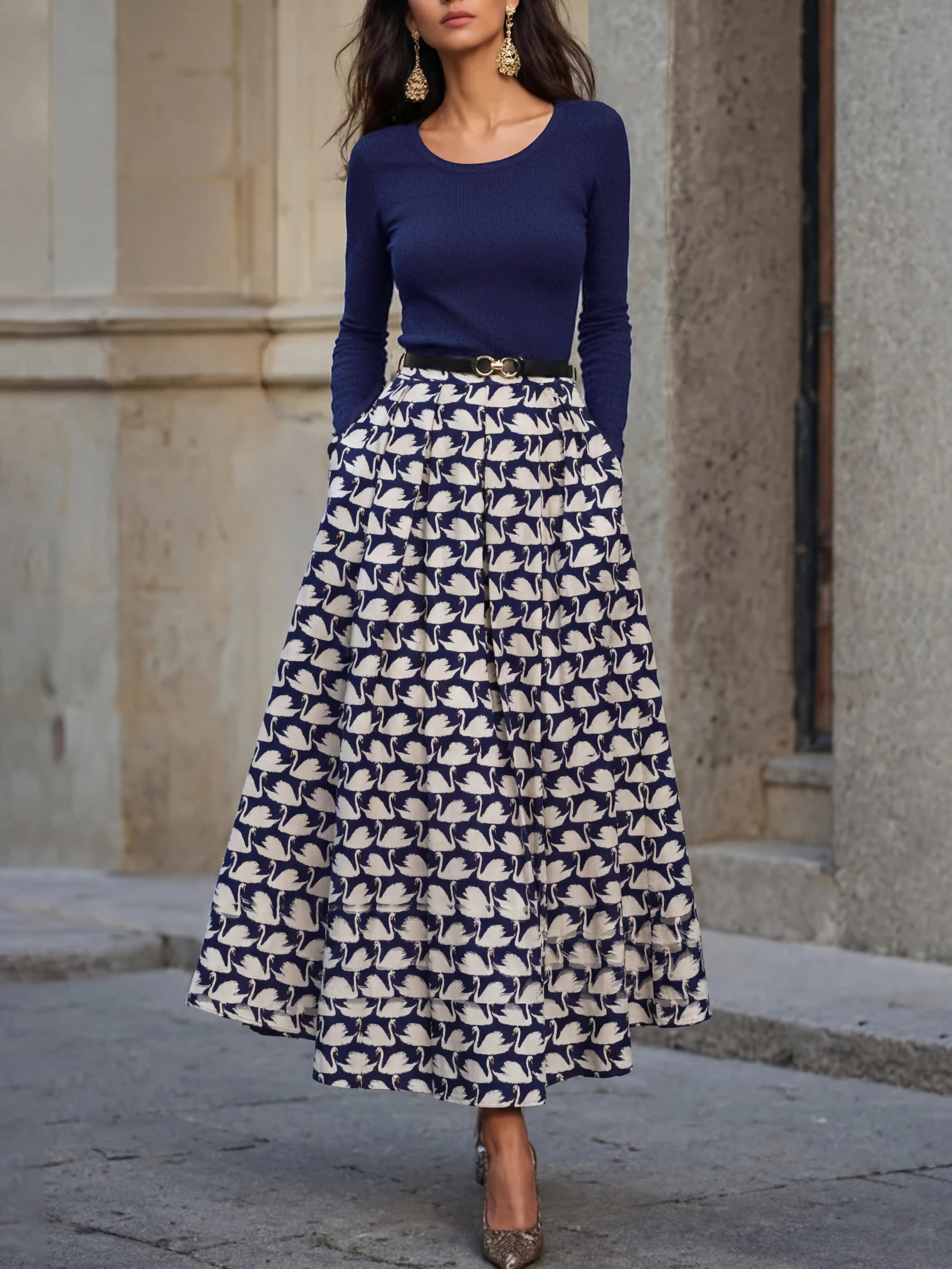 Maxi Cotton Skirt, Animal, Swan Print, Pocket Design, Vintage, Purplish Blue
