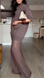 Women's Round-Neck Long Dress with Sheer Paneling