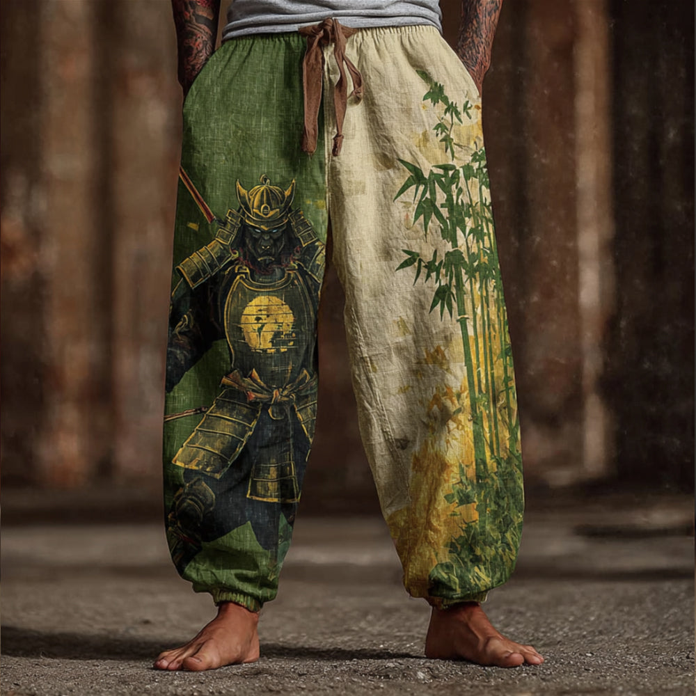 Men's Bamboo Forest And Armored Cat Print Art Linen-cotton Blend Casual Pants