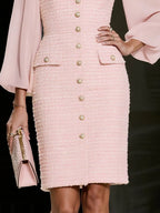 Pink Buckle Tweed V Neck Long Balloon Sleeve Sheath Midi Dress