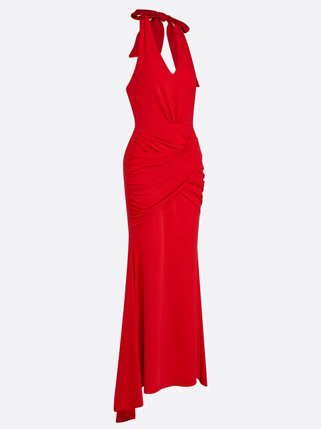 Red Ruched Knit Halter Sleeveless Bodycon Gown Dress