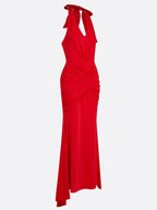 Red Ruched Knit Halter Sleeveless Bodycon Gown Dress