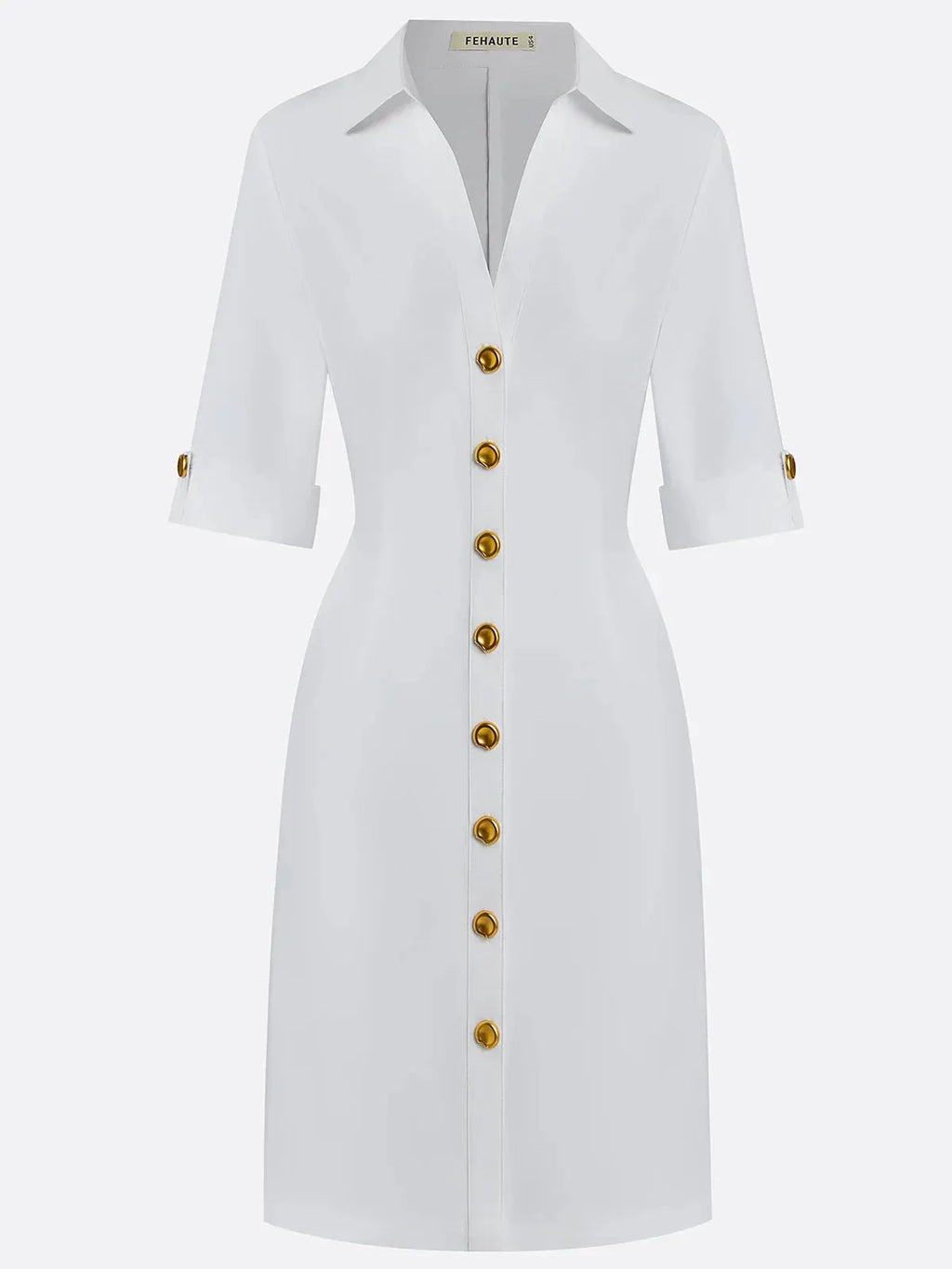 White Buckle Cotton Shirt Collar Short Sleeve Sheath Midi  Dress