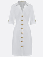 White Buckle Cotton Shirt Collar Short Sleeve Sheath Midi  Dress