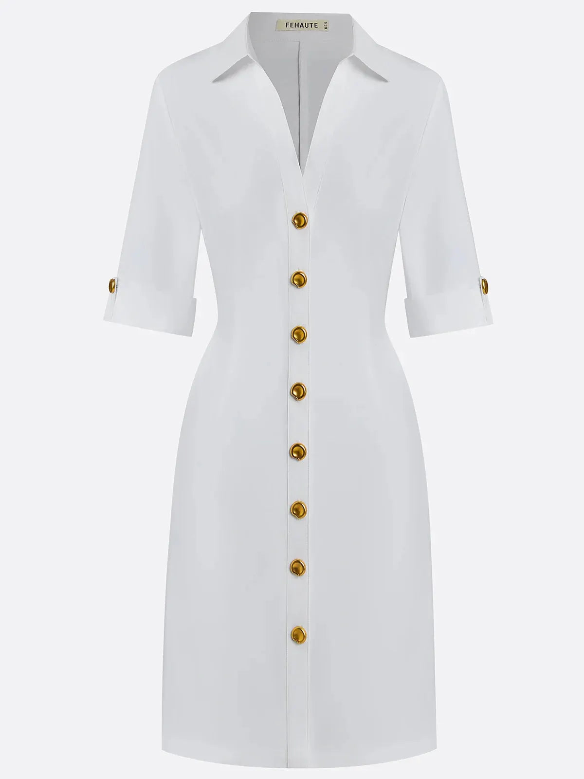 White Buckle Cotton Shirt Collar Short Sleeve Sheath Midi  Dress