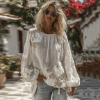 Women's Vintage White Rose Embroidery Art Comfy Linen Long Sleeve Shirt
