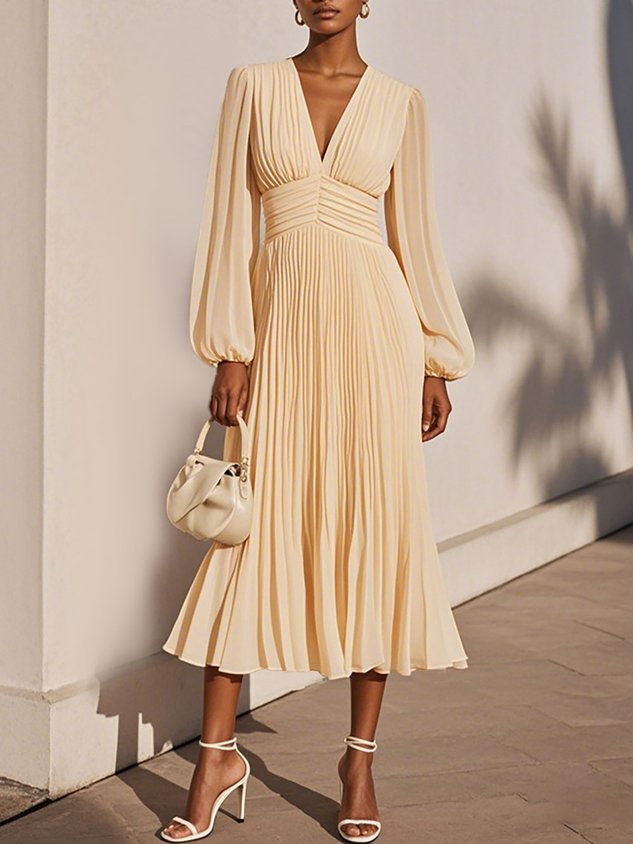 Light Blue Pleated Ruched Balloon Sleeve A-Line Midi Chiffon Dress
