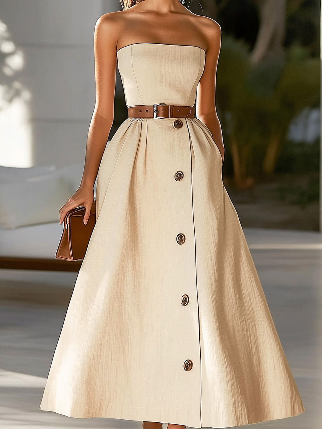Beige Cotton Blend Strapless Midi Dress with Belt