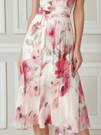 Draped V-Neck Floral Flowing Midi Dress