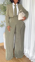 Olive Cropped Lapel Blazer Layer Flare Pant Suit Set