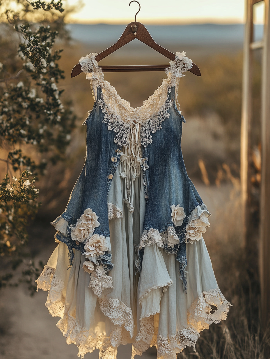 Summer Handmade Lace Denim Patchwork Dress 0762