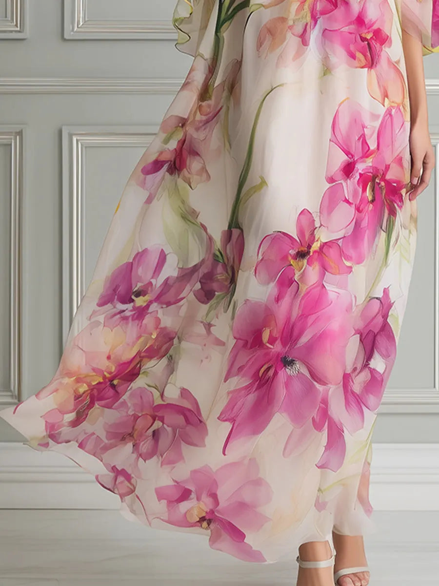 Floral Watercolor High-Neck Cold-Shoulder Maxi Dress