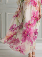 Floral Watercolor High-Neck Cold-Shoulder Maxi Dress