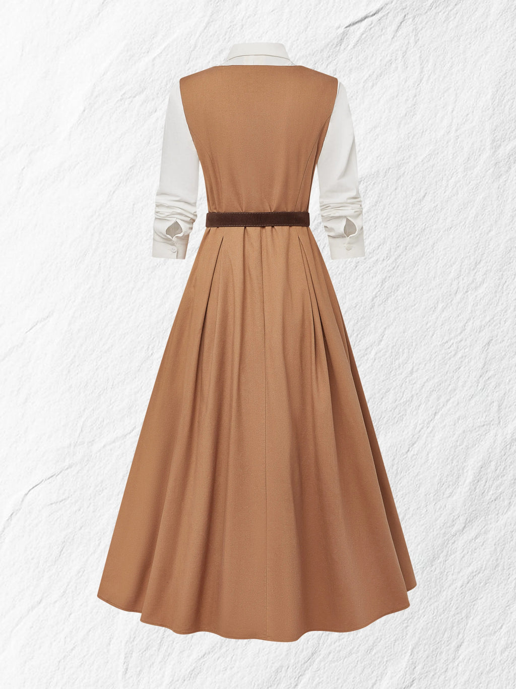 Maxi Linen Dress Set & Shirt, Long Sleeves, Shawl Collar, Plain, Button Design, French Vintage, Light Brown