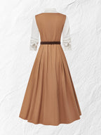 Maxi Linen Dress Set & Shirt, Long Sleeves, Shawl Collar, Plain, Button Design, French Vintage, Light Brown