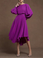 Rose Red Asymmetric Boat Neck Long Balloon Sleeve A-Line Midi Dress