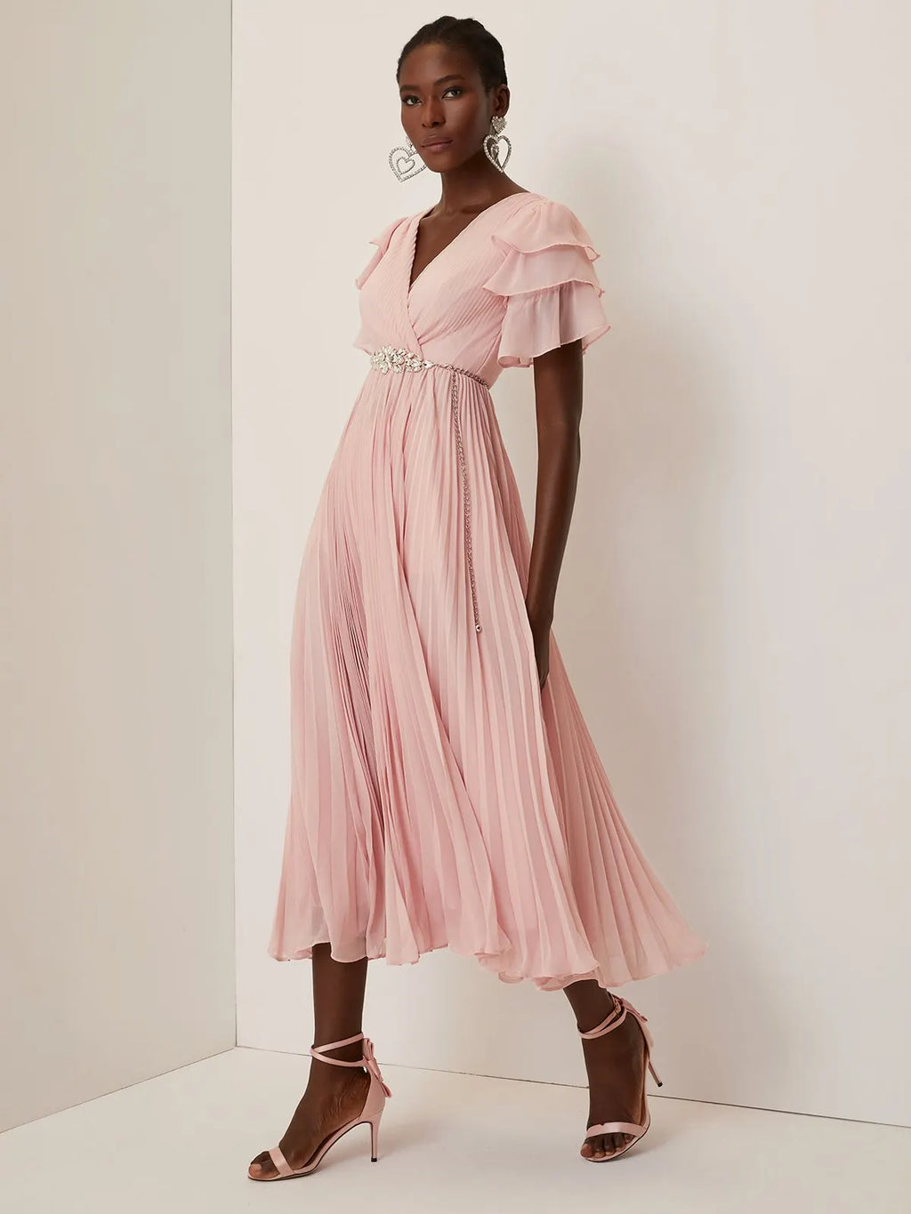 Pink Pleated Rhinestone Chiffon V Neck Short Sleeve Ruffle Sleeve A-Line Maxi Dress
