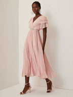 Pink Pleated Rhinestone Chiffon V Neck Short Sleeve Ruffle Sleeve A-Line Maxi Dress