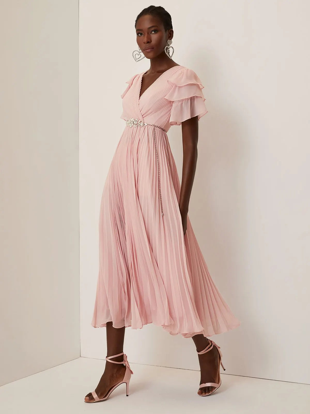 Pink Pleated Rhinestone Chiffon V Neck Short Sleeve Ruffle Sleeve A-Line Maxi Dress
