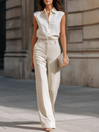 Sleeveless Button-Front Blouse And Wide-Leg Trousers Set