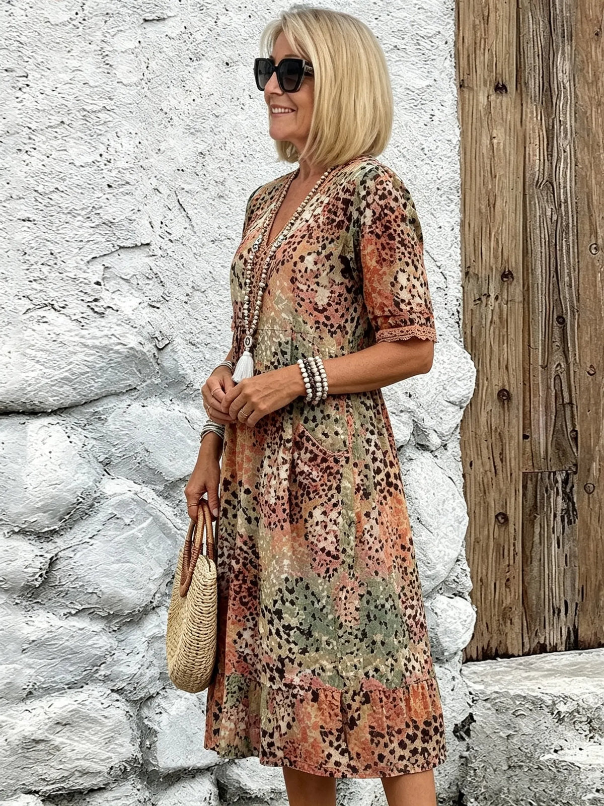 Vacation DRESS Women's Short Sleeve Summer Leopard Lace Dress V Neck Daily Going Out Casual Knee Length A-Line Khaki