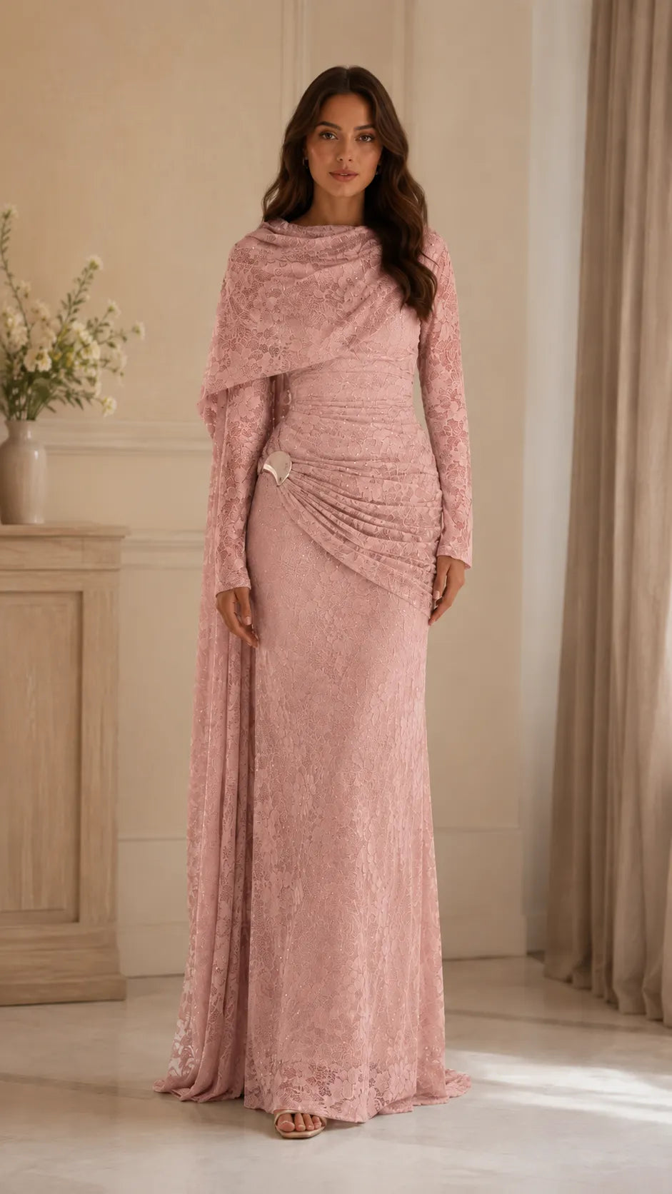 Beaded Lace Draped Cape Mermaid Gown