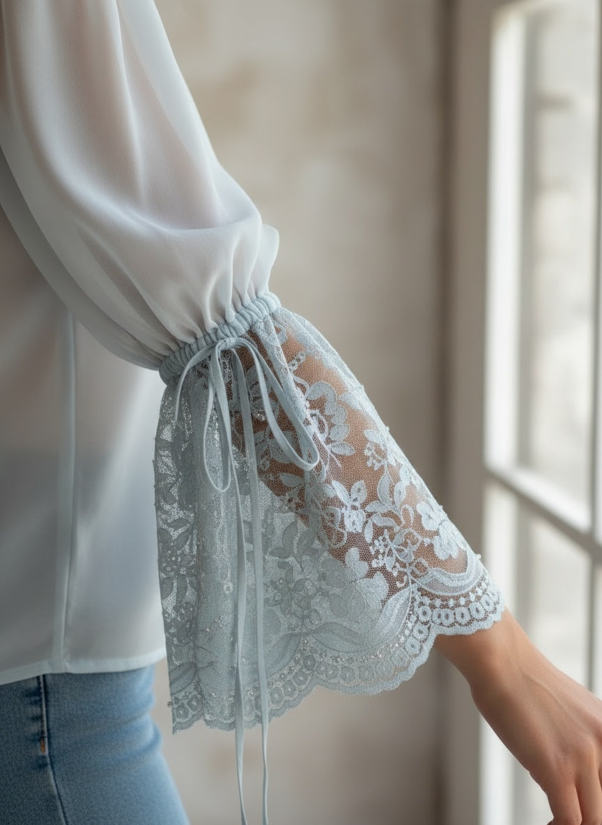 Elegant Powder Blue Lace & Chiffon Blouse with Bell Sleeves