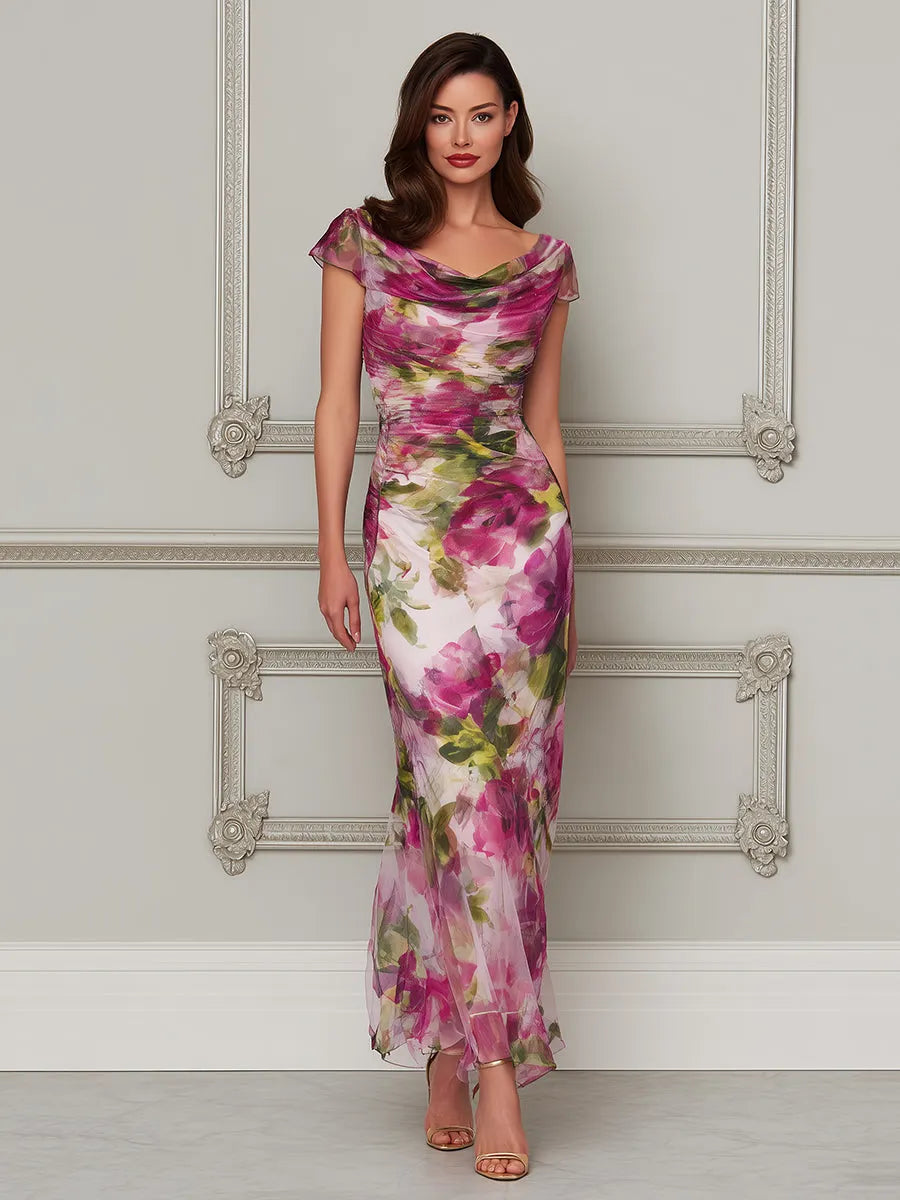Enchanted Garden Ruched Cowl-Neck Trumpet Dress