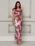 Enchanted Garden Ruched Cowl-Neck Trumpet Dress