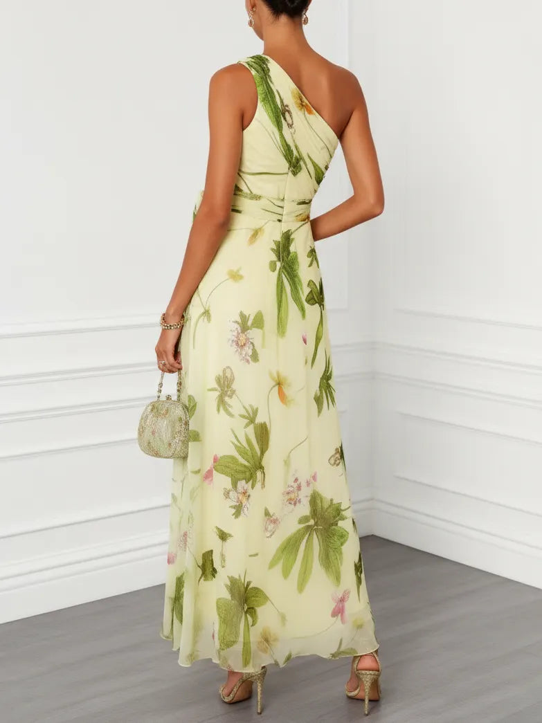 Yellow Floral Bow Chiffon One Shoulder Sleeveless A-Line Maxi Dress