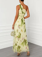 Yellow Floral Bow Chiffon One Shoulder Sleeveless A-Line Maxi Dress