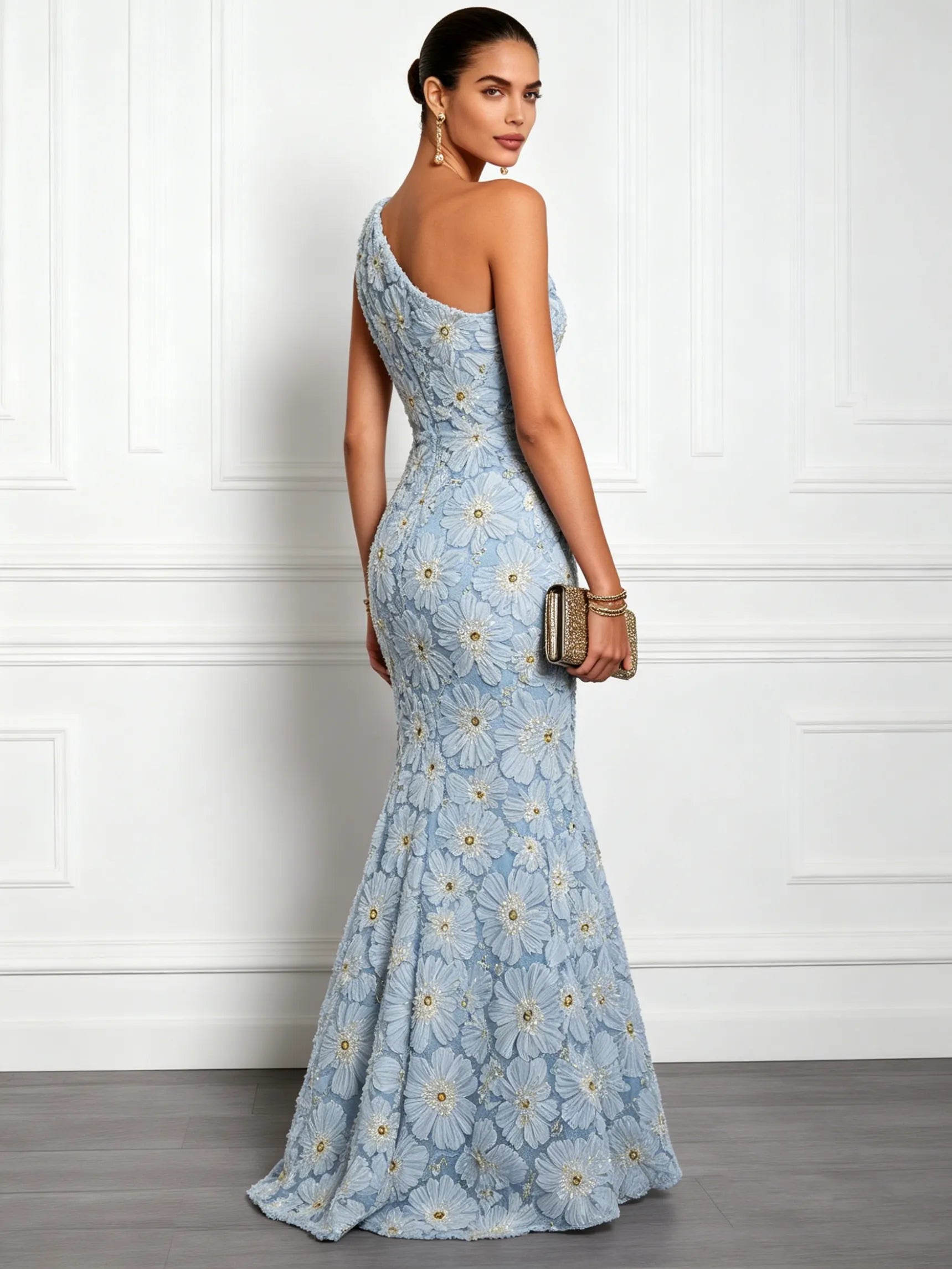 Light Blue Jacquard Beaded 3D Floral Lace One Shoulder Sleeveless Mermaid Gown Dress