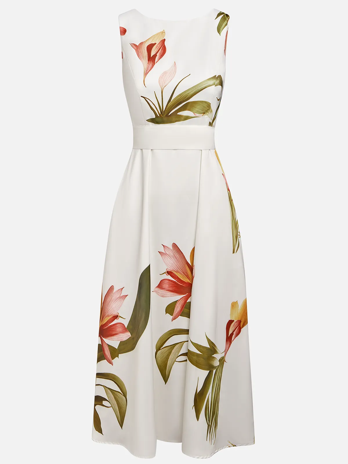 Beige Floral Boat Neck Sleeveless A-Line Midi Dress