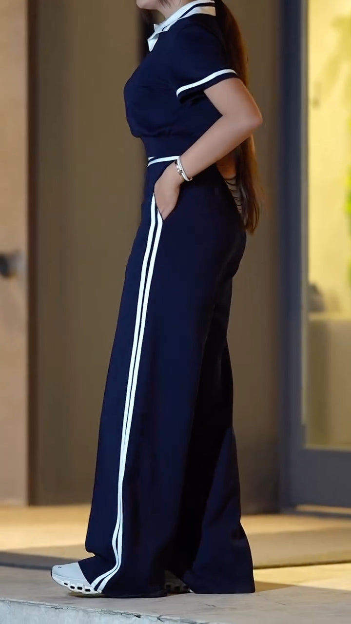 Contrast Collar Ribbed Polo Wide Leg Pant Set