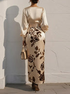 Apricot Floral V Neck Long Puff Sleeve Satin Sheath Maxi Satin Dress