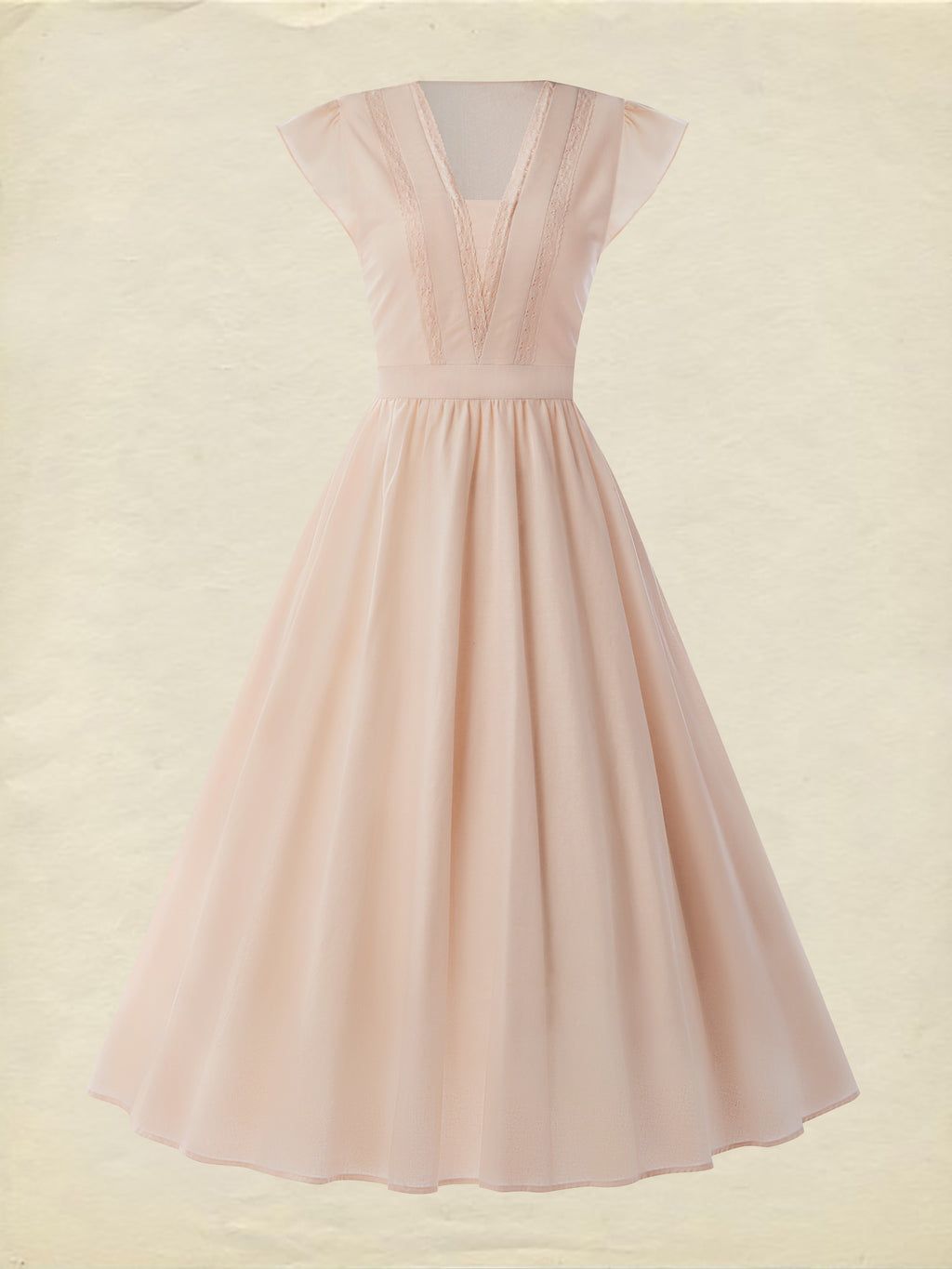 Linen Midi Dress, Short Sleeve, Lace Collar, Plain, Vintage, Light Pink
