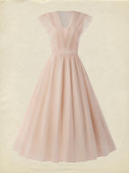 Linen Midi Dress, Short Sleeve, Lace Collar, Plain, Vintage, Light Pink
