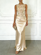 Blue  Embroidery Satin Crew Neck Sleeveless Sheath Gown Dress
