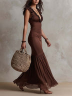 Vintage Satin Maxi Dress With Chiffon Ruffle Hem