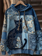 Lovely Cat Boho Floral Lace Patchwork Washed Hoodie