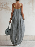 Striped Linen-Blend Balloon Jumpsuit With Contrast Straps