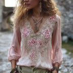 Boho Pink Floral Beaded Lace Flowy Linen Tunic