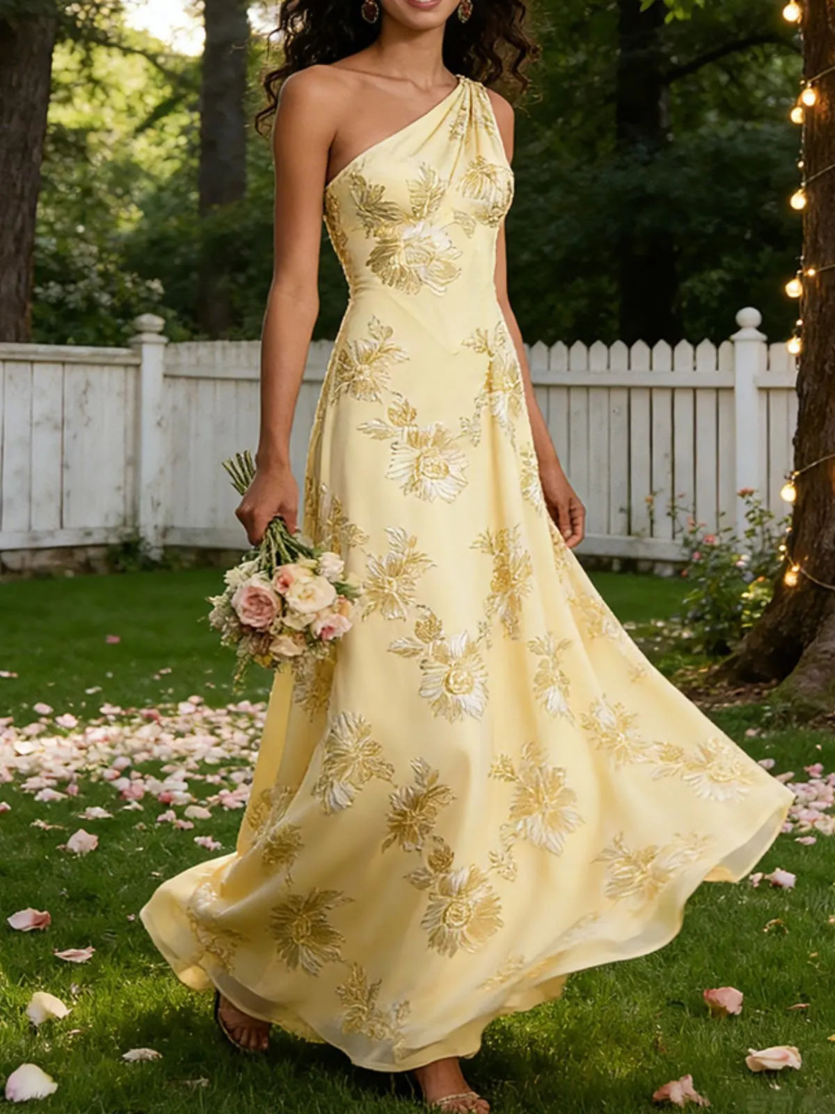 Yellow Jacquard Classic One Shoulder Sleeveless A-Line Maxi Dress