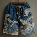 Men's Japanese Cranes Sea Waves Embroidered Linen Shorts