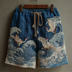 Men's Japanese Cranes Sea Waves Embroidered Linen Shorts