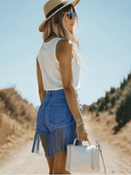 Vintage Washed Raw Edge Tassel Light Blue Denim Culottes